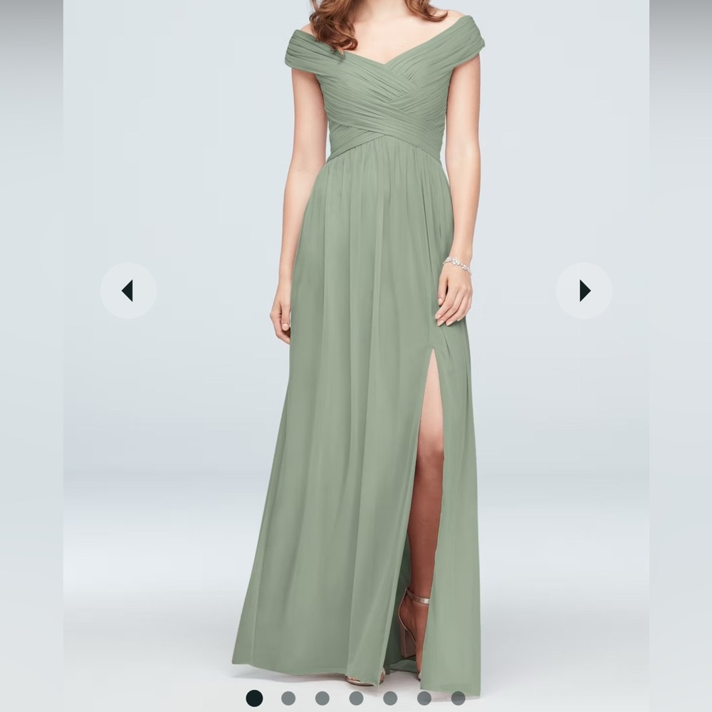David’s Bridal Crisscross Off-the-Shoulder Mesh Dress (size 0, color:dusty sage)